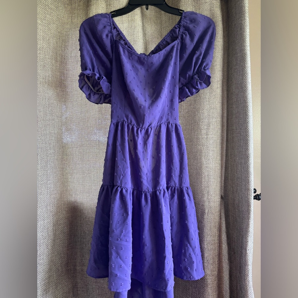 New Vibrant Purple Dress with Puff Sleeves and Tie Back